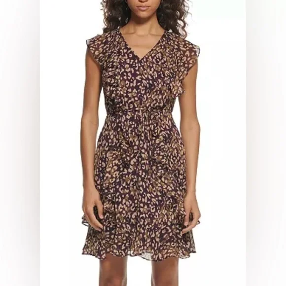 Tommy Hilfiger Flutter Sleeve Leopard Print V-Neck Mini Dress Size 4 - Picture 2 of 6